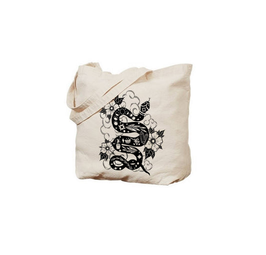 Moon Phase Serpent Gothic Witchy Cottagecore Tote Bag: Black